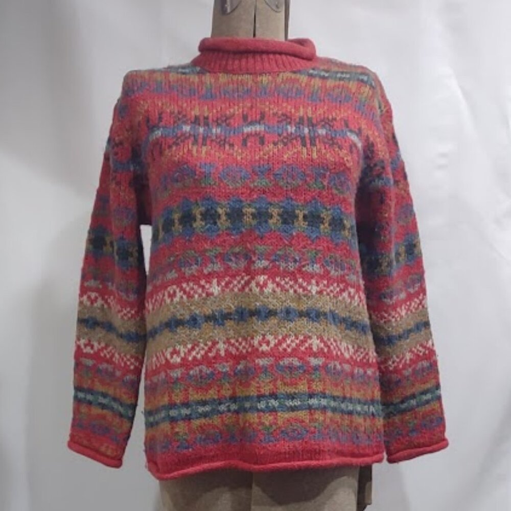 CLAUDIA D NORDIC INSPIRED KNIT SWEATER ROLLED COLLAR CUFFS HEM WOOL BLEND SIZE M